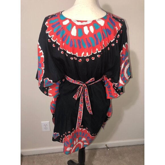 Trina Turk Yucateca Tunic Swim Cover Dress Size S Black Red Multi Short Caftan - Picture 4 of 12